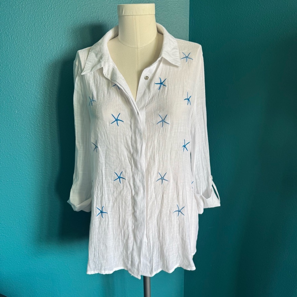 Cocomo White Button Down Shirt with Blue Starfish Embroidery